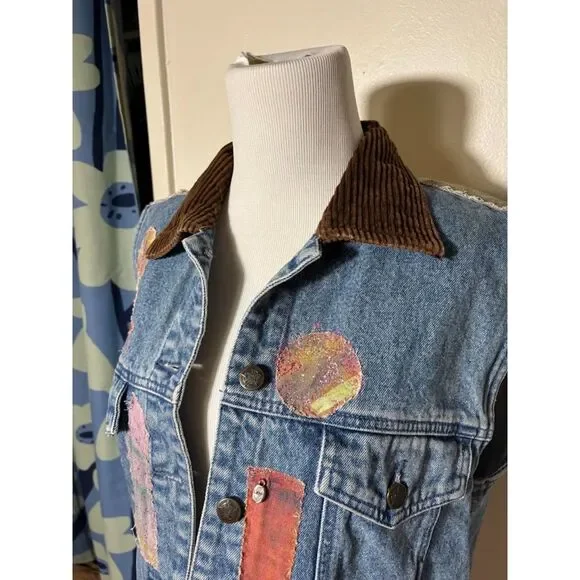 Vintage Handmade Jean Vest Jacket Patchwork Art to Wear Medium Fairy Corduroy - Picture 5 of 6